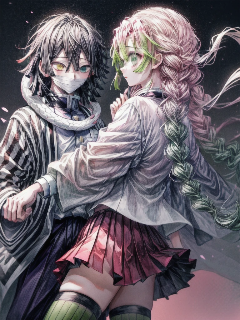 masterpiece, best quality, extremely detailed CG unity 8k wallpaper,1girl mitsuri, The illustration depicts two Demon Slayer: Kimetsu no Yaiba characters. 1girl A girl wearing a pleated skirt and a white haori over her . and 1boy obanai,  A boy wearing a uniform with a vertical striped pattern. He is wearing a mask. White snake, The background features a floral geometric pattern in soft pastel colors, creating a modern, artistic look.