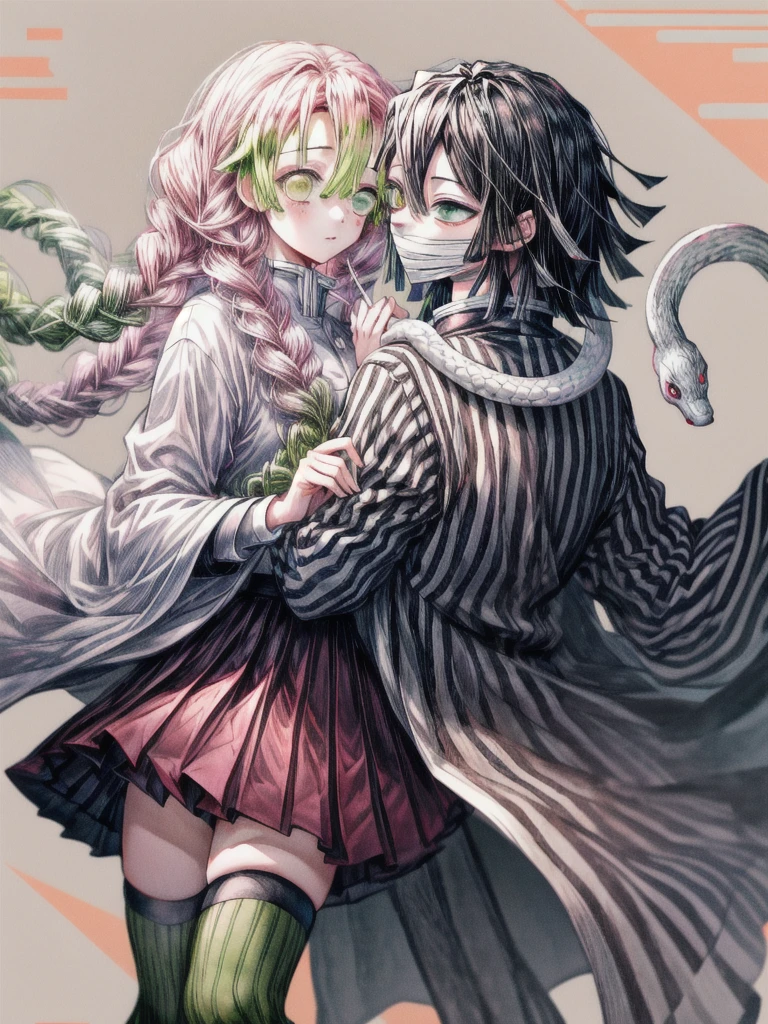 masterpiece, best quality, extremely detailed CG unity 8k wallpaper,1girl mitsuri, The illustration depicts two Demon Slayer: Kimetsu no Yaiba characters. 1girl A girl wearing a pleated skirt and a white haori over her . and 1boy obanai,  A boy wearing a uniform with a vertical striped pattern. He is wearing a mask. White snake, The background features a floral geometric pattern in soft pastel colors, creating a modern, artistic look.