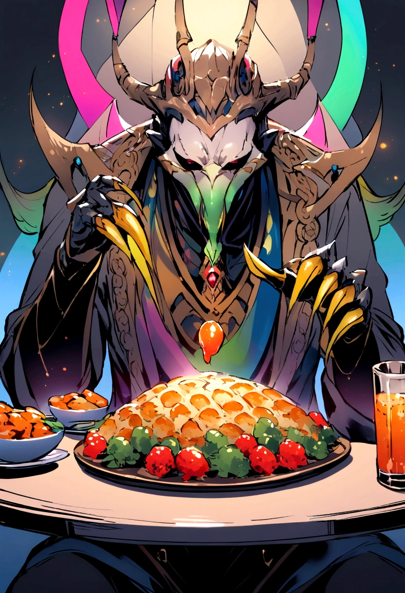 Man with claws Sit and eat snacks at the table.