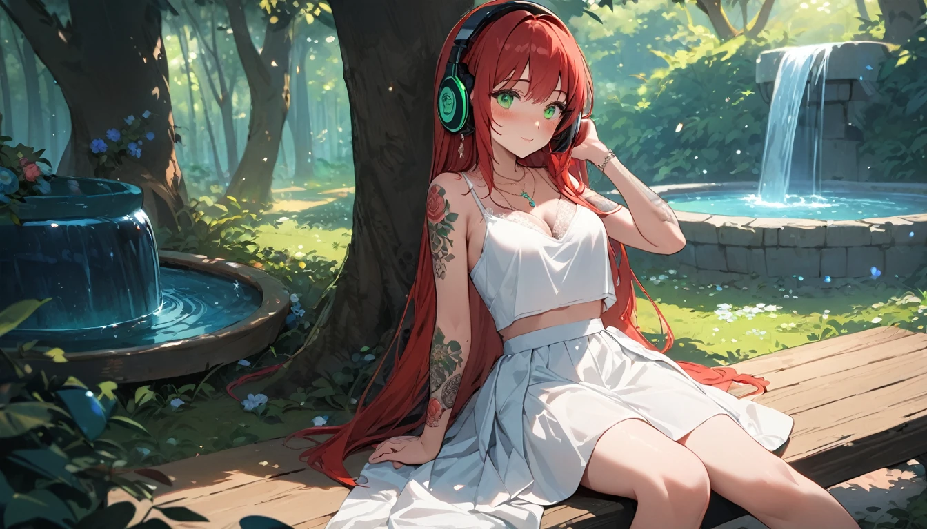 (Best Quality, Masterpiece, ultra high resolution, ultra detailed:1.2) Female gender Beautiful green eyes and melancholic expression Long red hair Light and freckled skin Wears a top with a bra shirt Wears a white silk mini skirt Footed with white cloth shoes Sitting under a tree in a forest Next to a natural fountain Porta a necklace of precious stones Has tattoos on her arms She wears long, striking earrings She holds a book of poetry in her hands She listens to soft music through headphones She smiles slightly while observing the nature around her