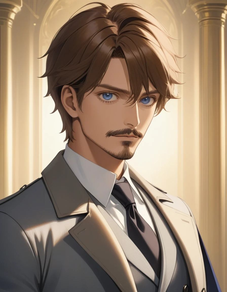 1man, mature male, parted bangs, medium-short hair, brown hair, muscular male celeb, short goatee, short mustache, indigo eyes, gentleman, elegant netori male, BREAK solo, white collared shirt, gray trench coat, black neck ribbon, in gentle sasaki style, visual novel, 2010s, extreme all detailed, masterpiece, best quality