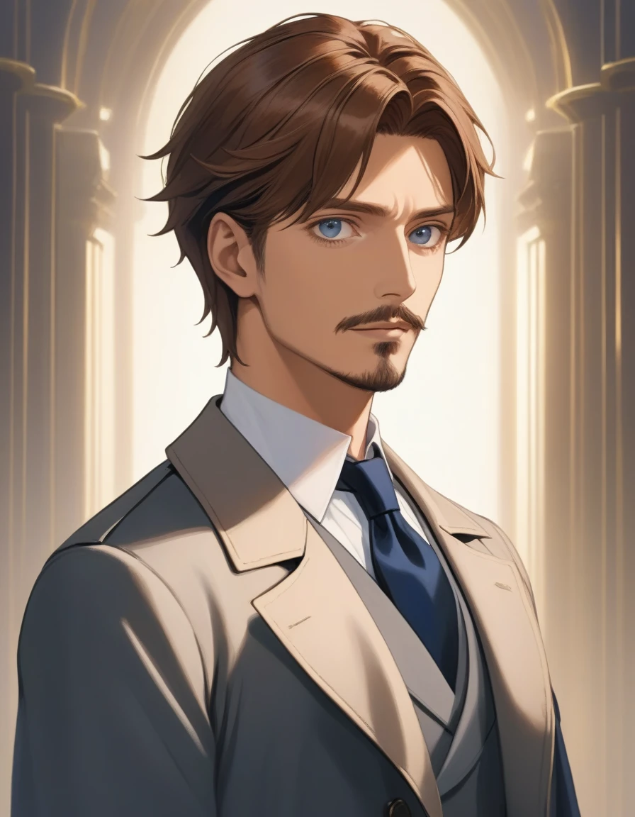 1man, mature male, parted bangs, medium-short hair, brown hair, muscular male celeb, short goatee, short mustache, indigo eyes, gentleman, elegant netori male, BREAK solo, white collared shirt, gray trench coat, black neck ribbon, in gentle sasaki style, visual novel, 2010s, extreme all detailed, masterpiece, best quality