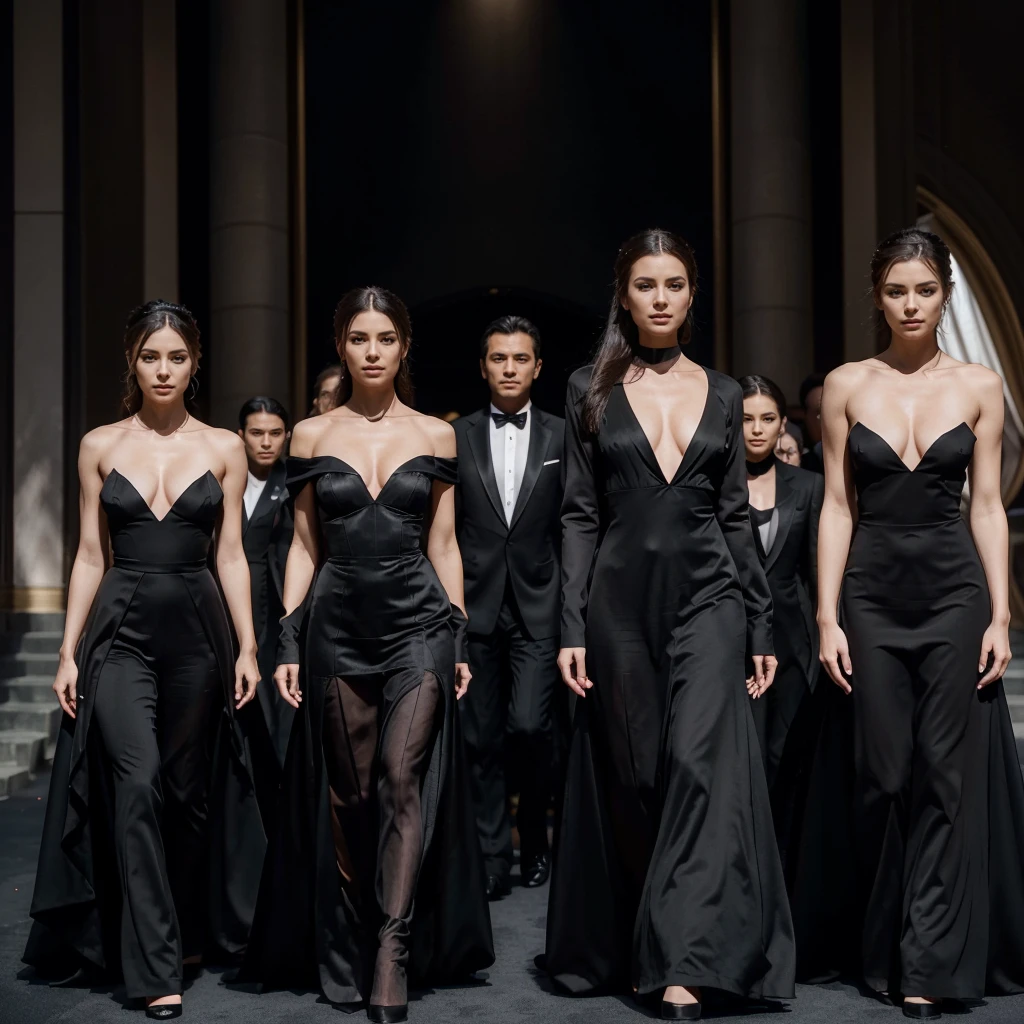 Capture the elegance and sophistication of seven individuals, comprising four men and three women, dressed in black attire. The men don black tuxedos, while the three women adorn themselves in long black gowns. They stand side by side on the grand opera stage, exuding an air of utmost refinement and poise. Ensure the image is a realistic, ultra HD portrayal of this scene.