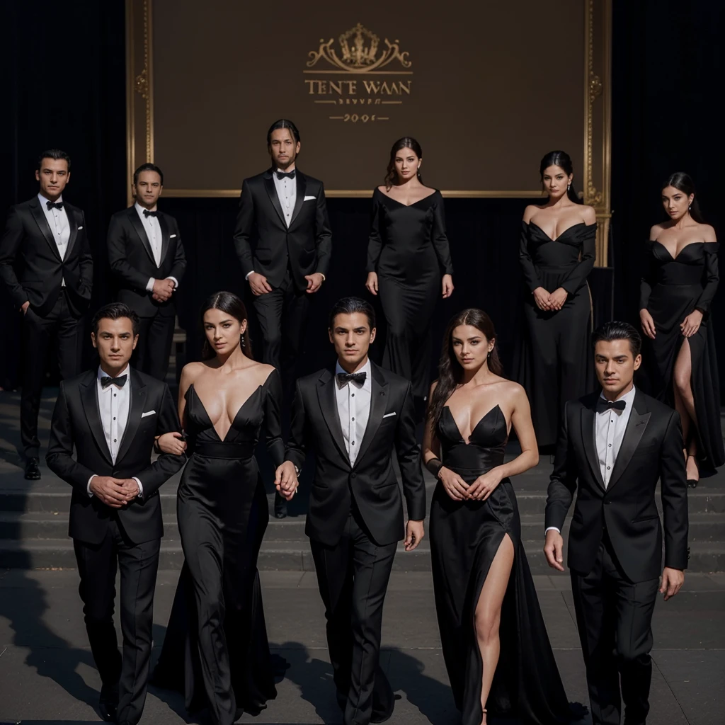 Capture the elegance and sophistication of seven individuals, comprising four men and three women, dressed in black attire. The men don black tuxedos, while the three women adorn themselves in long black gowns. They stand side by side on the grand opera stage, exuding an air of utmost refinement and poise. Ensure the image is a realistic, ultra HD portrayal of this scene.