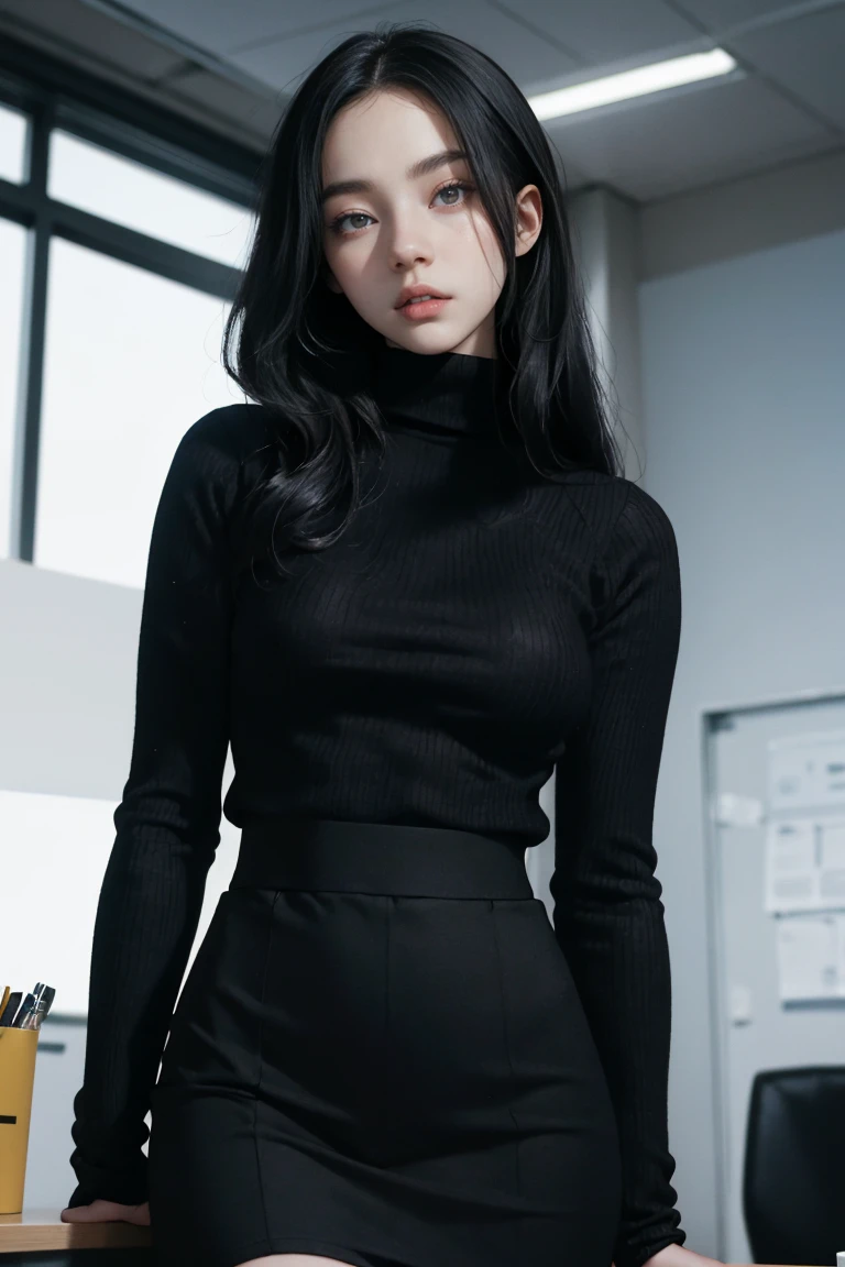 (best quality, masterpiece, perfect face) black hair, 18 years old pale girl, big bust, black turtleneck, black skirt, in empty office, solo