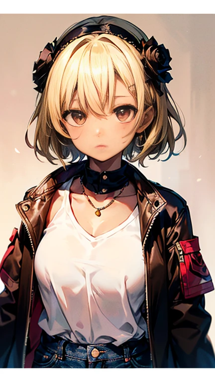 Nishizumi Shiho,Darjeeling,where,
One Woman,
(Blonde:1.5),
(Semi-short hair:Slightly longer,)Asymmetrical Hair,Perm,Gradient Hair:Gold-black,
Late 30s,Natural skin texture,Narrow waist,
(Brown skin:1.9),tall,Sunburn,
Japanese Girl,Gal,
light brown eyes,Slightly larger breasts,
(((Black jacket))),
((Black Jeans Pants)),
Golden Necklace,(Rose Hair Accessories:1.6),
((ID photo:1.8,Plain background:1.6,Capture your subject from the front)),
expression(Straight face),upright posture,
Natural depiction,
Beautiful depiction,
Shiny eyes,
Healthy Body,
Natural hairstyle,
Natural body contours,
Natural facial contours,
(Five fingers)Absolute depiction,Symmetrical fingers,
Two arms,
Two legs,
Sharp eyelid depiction,
Symmetrical eyes,Symmetrical eyes,
Keep the subject in the center,Expand the upper body,
Beautiful image quality,
Delicate shades,
4K,Very detailed,
Delicate light adjustment,
Delicate contour drawing,