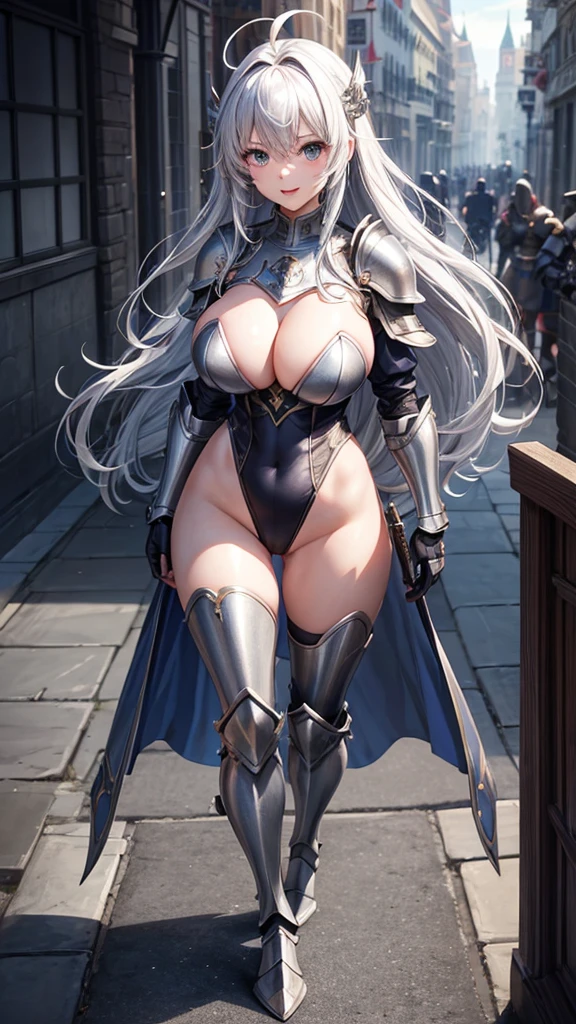Woman knight、a beauty girl、huge tit、Excellent style、Nice Buddy、glamorous、leotard、s Armor、Shoulder rest armor、Bra chest armor、knee boots、gauntlets、hair adornments、silber hair、Longhaire、Ahoge、is standing、full body seen 、Medieval city、Walking、slightly open mouth、a smile、