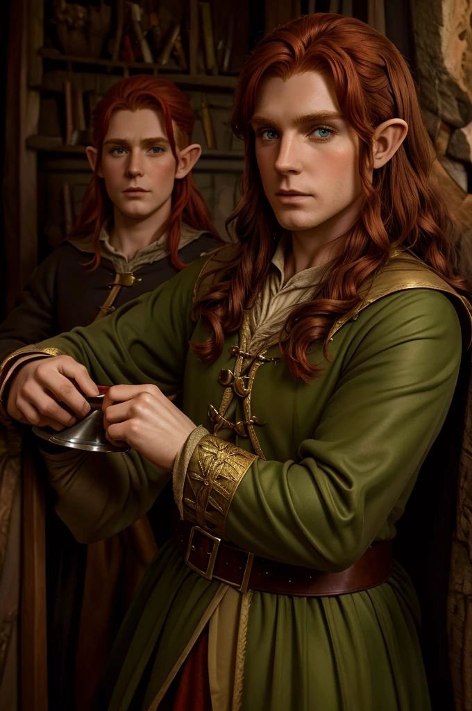 slightly red haired Prim and Proper snobby 25 year old Male entitled elf in a middle ages outfit