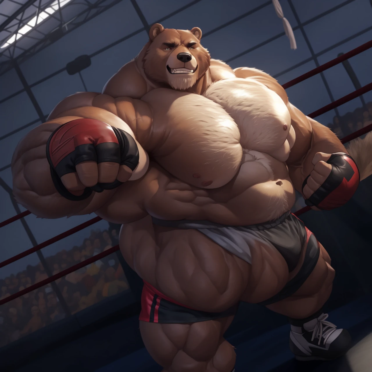 solo, 1boy, perfect anatomy, (bears:1), ground view, wrinkles skin, low shoot, down view, perfect proportional, thick furry body, thick thighs, big eyes, grin, perfect fingers, big paw hand, fingers. Huge Muscular Old grizzly bear with short hair, shoes ,(red kickboxing MMA gloves, black kickboxing MMA shorts, black kickboxing MMA footwear), practicing, training, kicking, punching, brown pectoral, thick hairy pectorals, huge pectoral, wide pectoral, white hair, white beards, brown fur, masterpiece, semirealistic:1.2, high detailed, 8k, high resolution, perfect center, full view. ((really big muscle, massive muscular, thick brown fur, sixpack, thick hairy arms, wide pectoral, super huge muscle, hyper muscular, over sized muscle, huge arms, big hairy arms, huge pectoral))