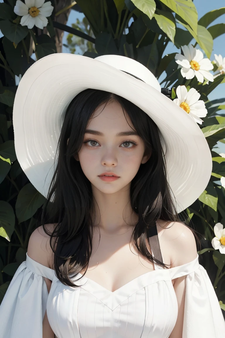 (best quality, masterpiece, perfect face) black hair, 18 years old pale girl, big bust, white sundress, H-cup, big white hat