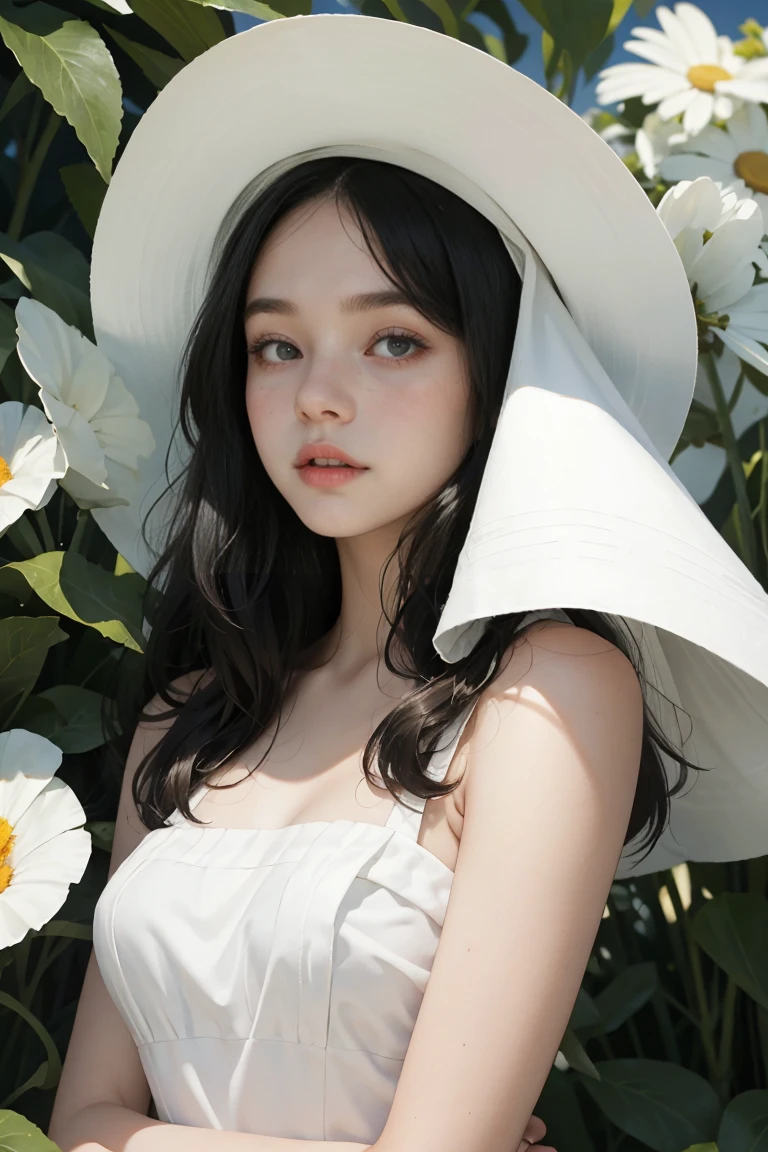 (best quality, masterpiece, perfect face) black hair, 18 years old pale girl, big bust, white ????????, big white hat
