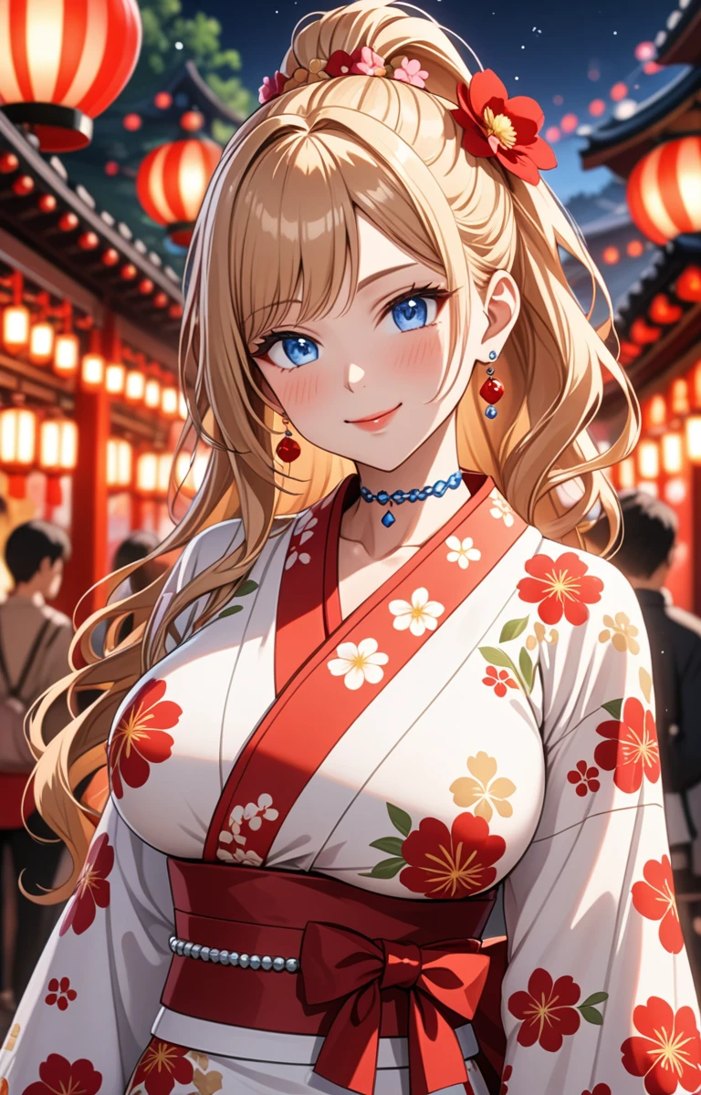 ((one girl)), hyper detailed, absurdres, 8K,Cute face, Beautiful Face, (Laugh shyly), ((laugh:1.4)), ((Wink:1.8)), (Laugh with your mouth wide open),(Tilt your head:1.3), View your viewers, ((Bright red cheeks:1.6)),Glossy Red Lips, ((Big Breasts:1.4)) night, Shrine festival stalls, (Brighten your face), ((Anime style background)),masterpiece, Highest quality, so beautiful,Latest, Complex details, (Pink long nails), (nail art), (ring),(bracelet), (helix piercing:1.7), (Floral Choker),AI-generated, Complex,High resolution, Highest quality, super high quality,3D Images、3D Images,One person,Blonde long hair,(High Ponytail), (Wavy Hair), Anime woman posing for a photo, ((Fine grain、blue eyes、Shining Eyes:1.4)), (Squint your eyes:1.1),a hyperRealistic , hyperRealistic , Realistic,Long blonde anime woman, Smooth anime CG art, Pink large floral patternの刺繍が入った、A girl in a gorgeous kimono, ((White long-sleeved kimono)),(Pink large floral pattern) ,Long flower hair ornament,Floral Earrings,Mature Body, expensive,Abdominal muscles,Tight waist,((face focus:1.5)), (front view),