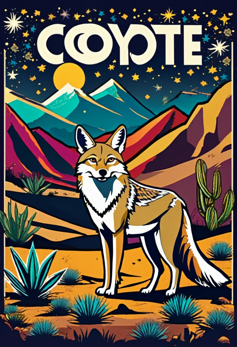 (((coyote howling in a dark desert landscape with lots of plants, stars, and mountains on the wall movie poster, movie poster illustration and the story it represents true work of art:1.3))) intricate details (((rich colors:1.3))), landscape are captured in a stunningly realistic style, use of bold lines and vibrant colors brings, ((( Black and gold plate logo with text "Coyote FB" on it.)))