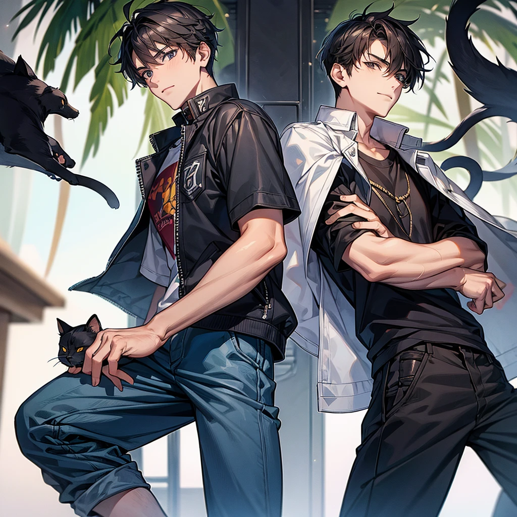 Boy, , handsome and cool, and cat.