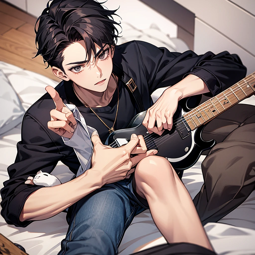 Boy, , handsome and cool, and cat.