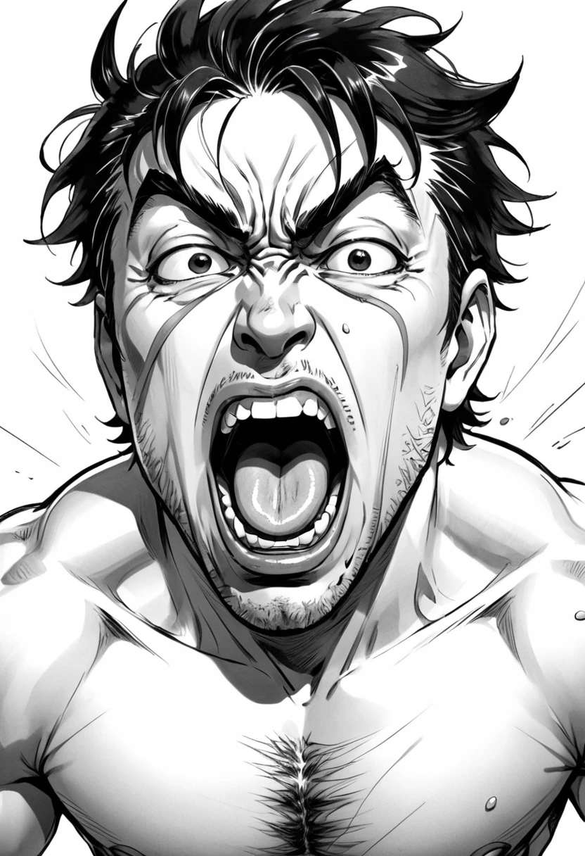 high resolution, manga, monochrome, handwritten style, from front, hunk, looking down and mouth very wide open with agony face, middle aged man, yell out, shirtless, stick out tongue,