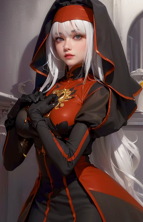 ((ultra realisitic)), ((picture-perfect)), ((face perfect)), ((ultra detaild)), ((fully body)), ((perfectbody)),a woman with golden eyes and white hair in wearing a religious outfit