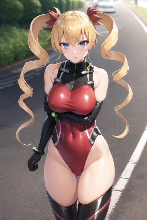 masterpiece, best quality, highres, aaharvey, long hair, twintails, twin drills, hair ribbon, red leotard, bodysuit, bare shoulders, gloves, thighs, thighhighs, street, walking, cowboy shot,