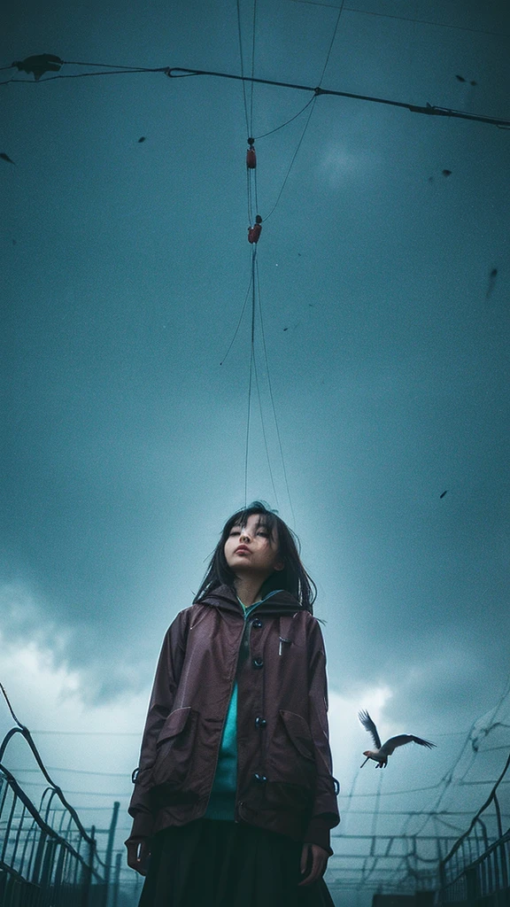 ((crane))、bird、Rainy Sky、1girl,from below