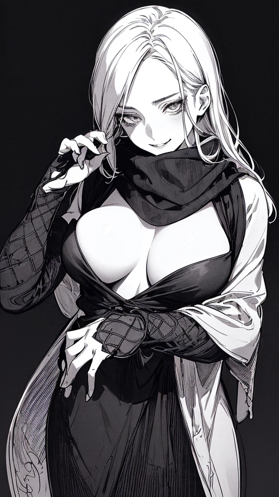 Top quality, (background detail), high contrast, one very beautiful woman, detailed original illustration, functional, delicate face, ninja, ninja costume, scarf, face hidden by hand towel, charming, bad girl, sexy, real breasts, crazy smile, crazy eyes, black robe, black background, (black background: 1. 5), Beautiful line drawing, monochrome