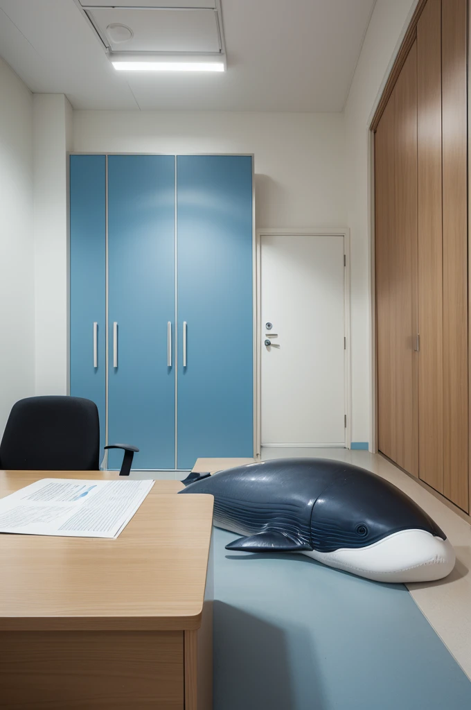 A photorealistic image of a humidifier on a desk with a whale stuffed animal in front of the humidifier taking up 1/3 of its size. The humidifier should be white and have a sleek, modern design. The whale stuffed animal should be blue and white and have a friendly expression. The desk should be made of wood and have a cluttered surface with medical supplies. The walls of the office should be painted a light blue color and there should be a framed medical diploma hanging on the wall.