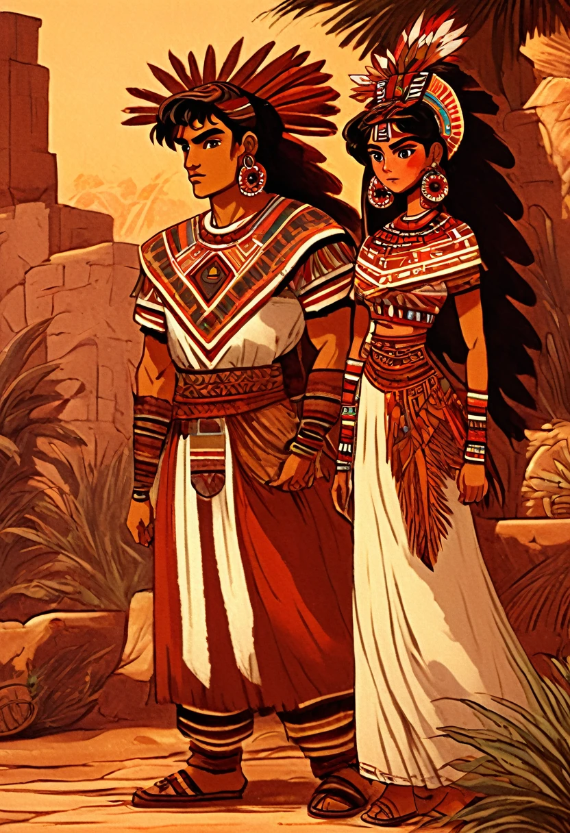 ancient native aztec striking very young handsome mexican man in ancient warrior attireand with very young maiden dressed in a long very white cotton/linen full loose embroidered patterned aztec female dress dark brownish reddish copper tint hair big broadhighcheekbones medium liquidbrown eyes bronzed kinda fairer reddish brown copper skinnedwell built well proportion anatomically correct symetrically proportioned broad buffed body muscly with stylish manbun aztec topknots bigbrawny young dressed in ancient aztec very mexican ancient attires in a exotc garden,Masterpieces,8K HD looks with very native mexican and tropical plumage standing in a open courtyard garden af a native ancient ancient looking naive mexican style aztec home-villa estate, anime semi realis,