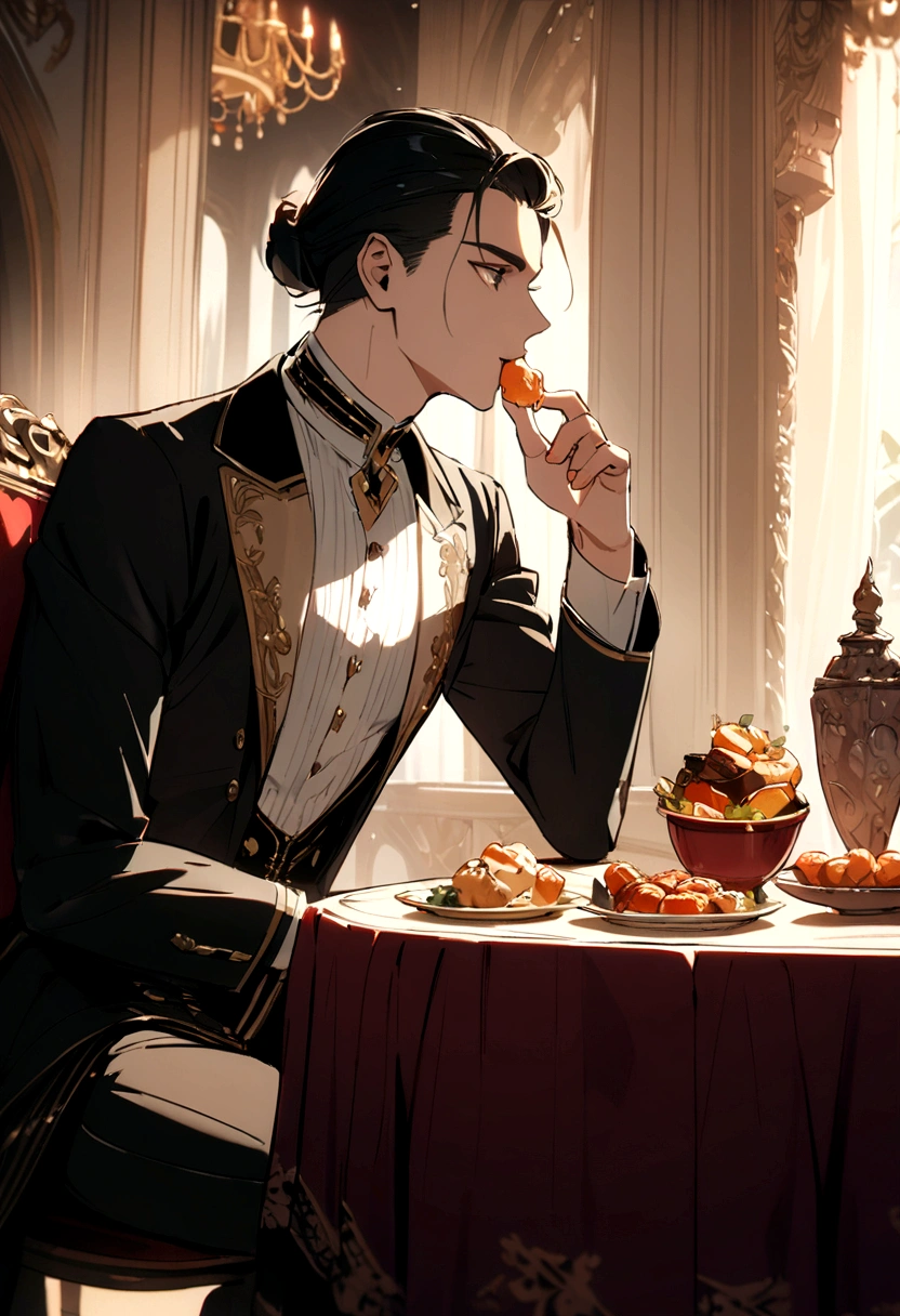 good looking man Sit and eat snacks at the table.