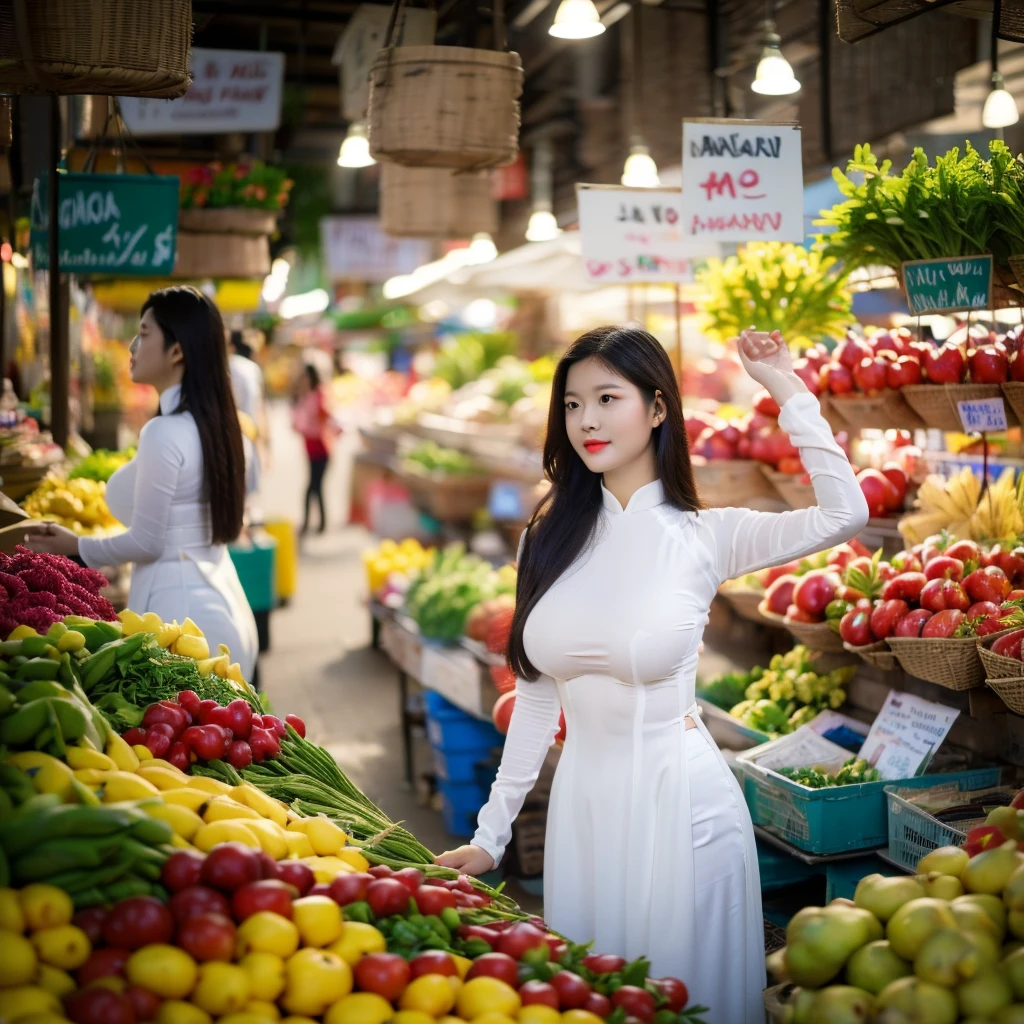 ((Ao Dai, big breasts, beautiful breasts, standing in the middle of the market with many people around, 8k quality photo with good details))