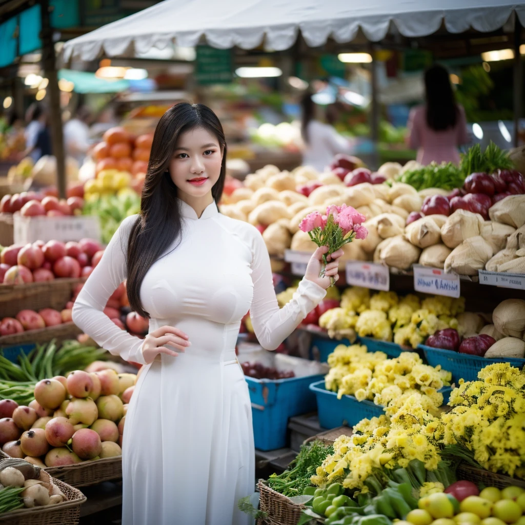 ((Ao Dai, big breasts, beautiful breasts, standing in the middle of the market with many people around, 8k quality photo with good details))