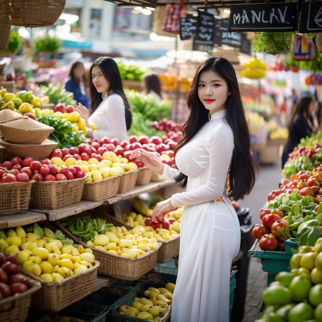 ((Ao Dai, big breasts, beautiful breasts, standing in the middle of the market with many people around, 8k quality photo with good details))