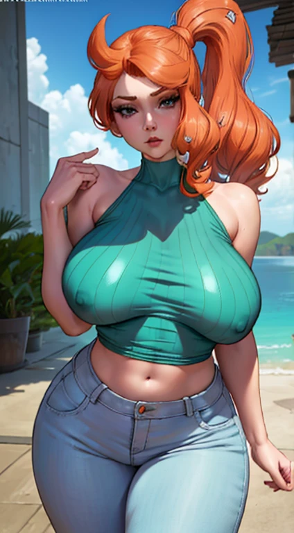 a close up of a cartoon of a woman with large breasts, sexy body, Sonia from pokemon, cutesexyrobutts, artgerm and lois van baarle, style artgerm, high quality fanart, unparalleled masterpiece, tank top, tight pants, lab coat, arms behind head, ultra realistic 8k CG, perfect artwork, (1girl:1.1), solo, ((perfect female figure)), looking at viewer, (teasing), best quality:1.1 , seductive posture, sexy pose, alluring, (beautiful), earrings, jewelry, (large breasts:1.3, (big_breasts:1.1), (shiny skin:1.2), (hdr), (tropical paradise:1.2), Nikon D850 film stock photograph Kodak Portra 400 camera f1.6 lens, rich colors, lifelike texture, dramatic lighting, unreal engine, trending on ArtStation, by Gerald Brom, by Frank Frazetta, by Luis Royo, by Julie Bell, by Boris Vallejo