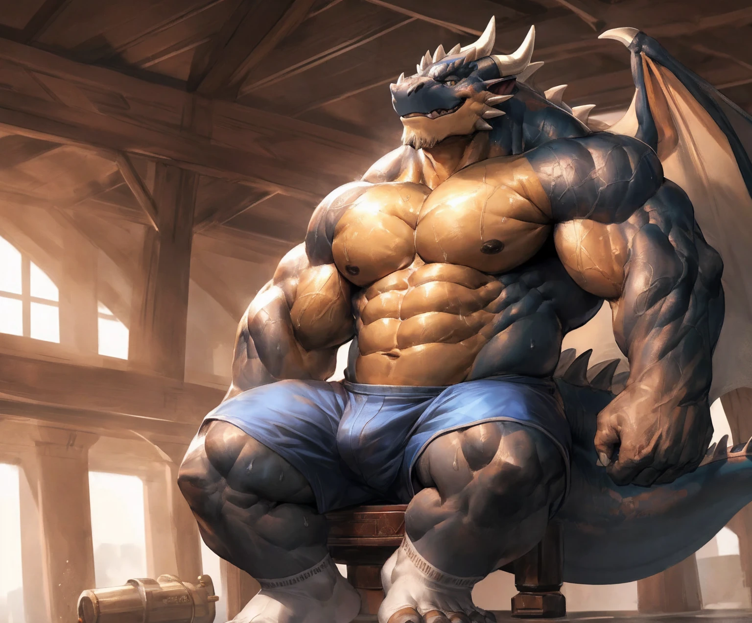 human nature, cannon, male, solitary, ((the strong,Handsome)), (dragon), Chibo,Six-pack abs,(indoor),The soles of the feet face the audience,White socks,Blue shorts,Sweat:1.3,high quality, (4K,high quality, high resolution, masterpiece), cartoon,by lindong