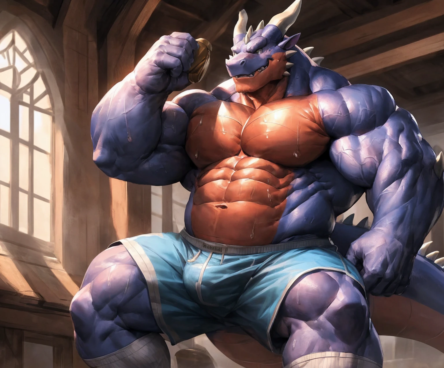 human nature, cannon, male, solitary, ((the strong，Handsome)), (dragon), Chibo，Six-pack abs，(indoor)，The soles of the feet face the audience，White socks，Blue shorts，Sweat:1.3，high quality, (4K,high quality, high resolution, masterpiece), cartoon,by lindong