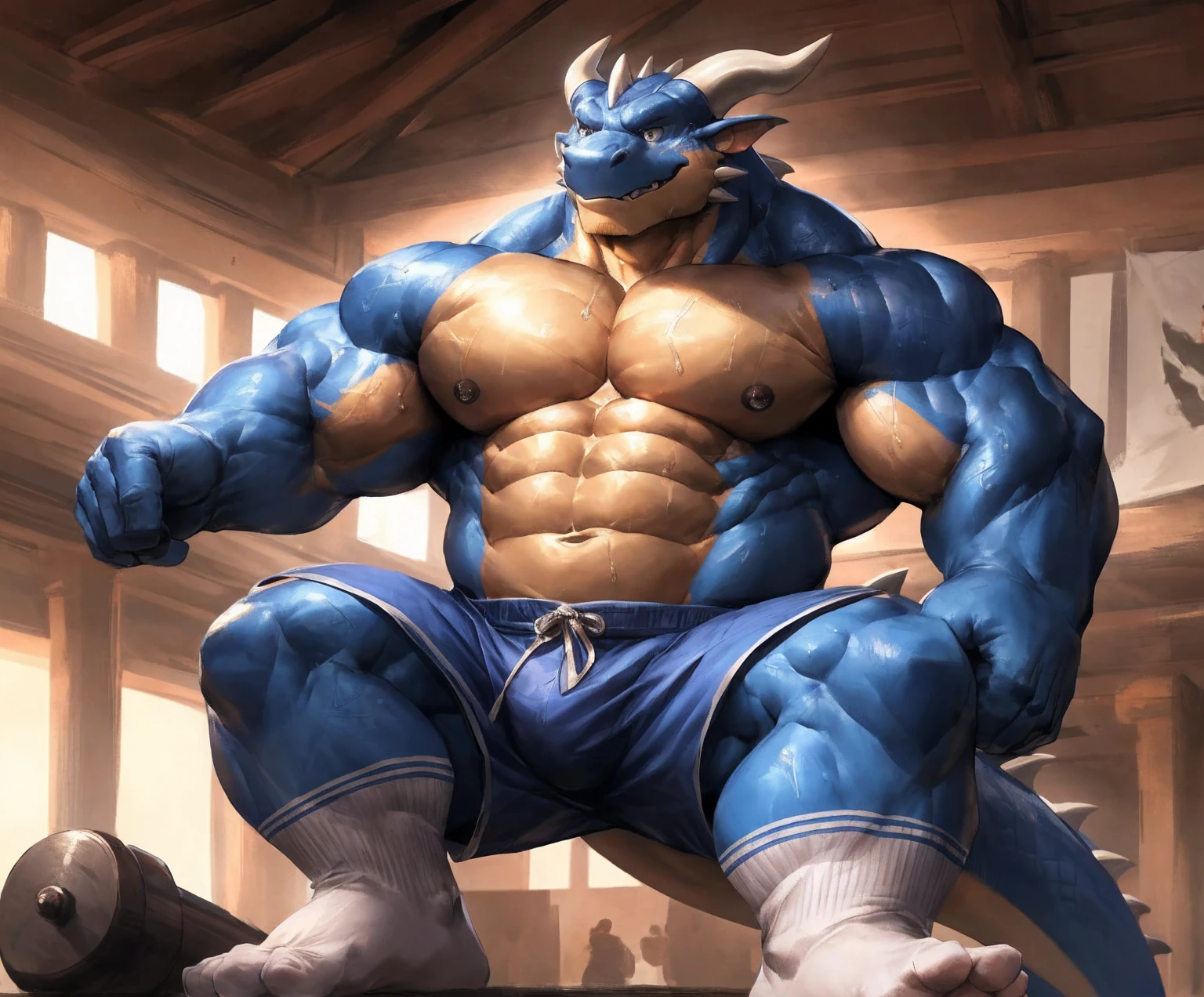 human nature, cannon, male, solitary, ((the strong,Handsome)), (dragon), Chibo,Six-pack abs,(indoor),The soles of the feet face the audience,White socks,Blue shorts,Sweat:1.3,high quality, (4K,high quality, high resolution, masterpiece), cartoon,by lindong