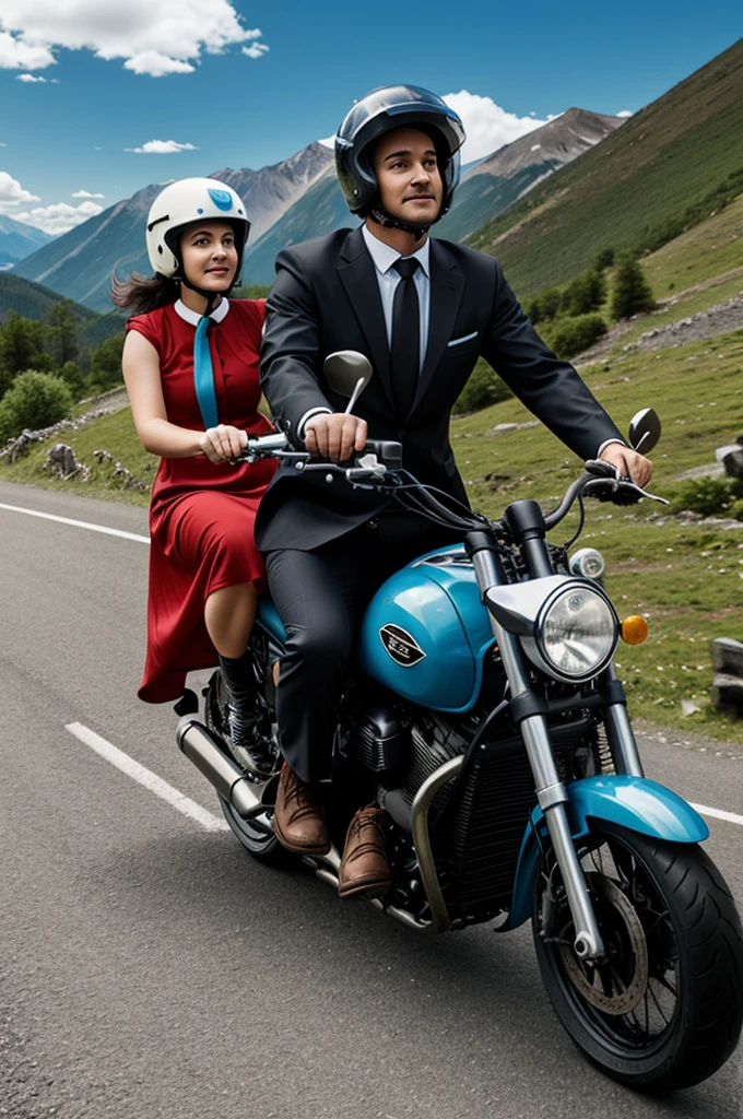 Cartoon man driving motorcycle dressed in tie and helmet co-pilot woman wearing dress and helmet, mountain road and rivers
