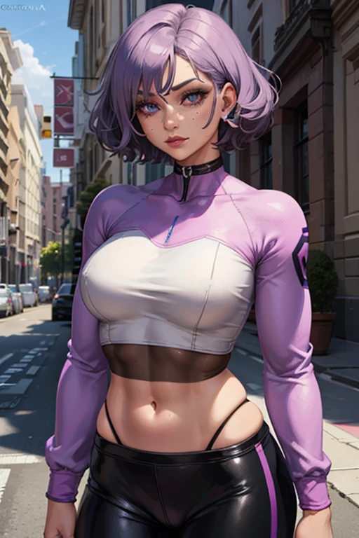 girl, Short curly pastel purple hair, freckles, septum piercing, medium , wearing a long sleeve crop top and spandex shorts, blue and brown heterochromatic eyes