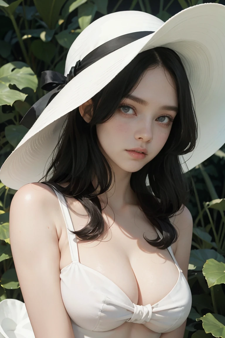 (best quality, masterpiece, perfect face) black hair, 18 years old pale girl, big bust, white sundress, H-cup, big white hat