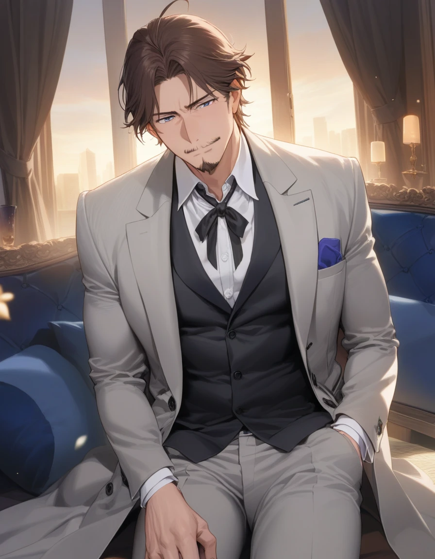 1man, mature male, parted bangs, medium-short hair, brown hair, muscular male celeb, short goatee, short mustache, indigo eyes, gentleman, elegant netori male, chiseled face, male high ratio body proportions, cumrag, BREAK solo, white collared shirt, gray trench coat, black neck ribbon, fullbody, romance, shy smile, in gentle sasaki style, visual novel, 2010s, extreme all detailed, masterpiece, best quality