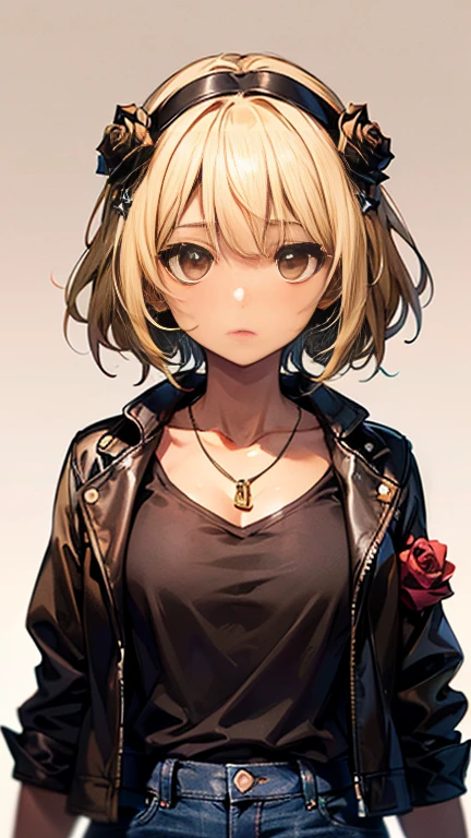 Nishizumi Shiho,Darjeeling,where,
One Woman,
(Blonde:1.5),
(Semi-short hair:Slightly longer,)Asymmetrical Hair,Perm,Gradient Hair:Gold-black,
Late 30s,Natural skin texture,Narrow waist,
(Brown skin:1.2),tall,
Japanese Girl,Gal,
light brown eyes,Slightly larger breasts,
(((Black jacket))),
((Black Jeans Pants)),
Golden Necklace,
((ID photo:1.8,Plain background:1.6,Capture your subject from the front)),
expression(Straight face),
Natural depiction,
Beautiful depiction,
Shiny eyes,
Healthy Body,
Natural hairstyle,
Natural body contours,
Natural facial contours,
(Five fingers)Absolute depiction,Symmetrical fingers,
Two arms,
Two legs,
Sharp eyelid depiction,
Symmetrical eyes,Symmetrical eyes,
Keep the subject in the center,Expand the upper body,
Beautiful image quality,
Delicate shades,
4K,Very detailed,
Delicate light adjustment,
Delicate contour drawing,