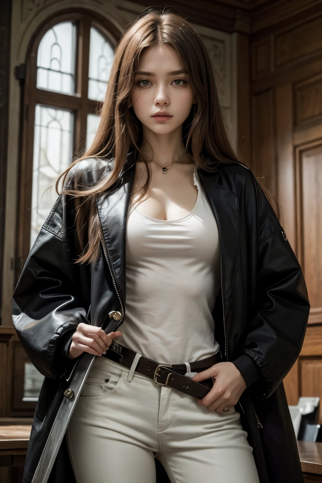 RAW, masterpiece, super fine photo, best quality, super high resolution, realistic, sunlight, full body portrait, amazingly beautiful, dynamic pose, delicate face, vibrant eyes, 1 girl, red face, slightly open lips, wet body, plump and symmetrical breasts, bulging buttocks, tight white long trench coat, trench coat length to knees, two-breasted buttons, trench coat completely covering the body, white military cap, white gloves, cream white knee-length boots, wavy curls, tattoo, chest close-up, hip close-up, multiple angles, Black sky, gloomy background, dim lights, dynamic angle, flowing, thighs up, graceful sitting, very detailed background, detailed face, detailed neat background, gorgeous, milky white, high detail skin, realistic skin details, visible pores, clear focus, volumetric fog, 8k UHD, DSLR, high quality, film grain, fair skin, realism, lomography, futuristic utopian metropolis, seen from below,