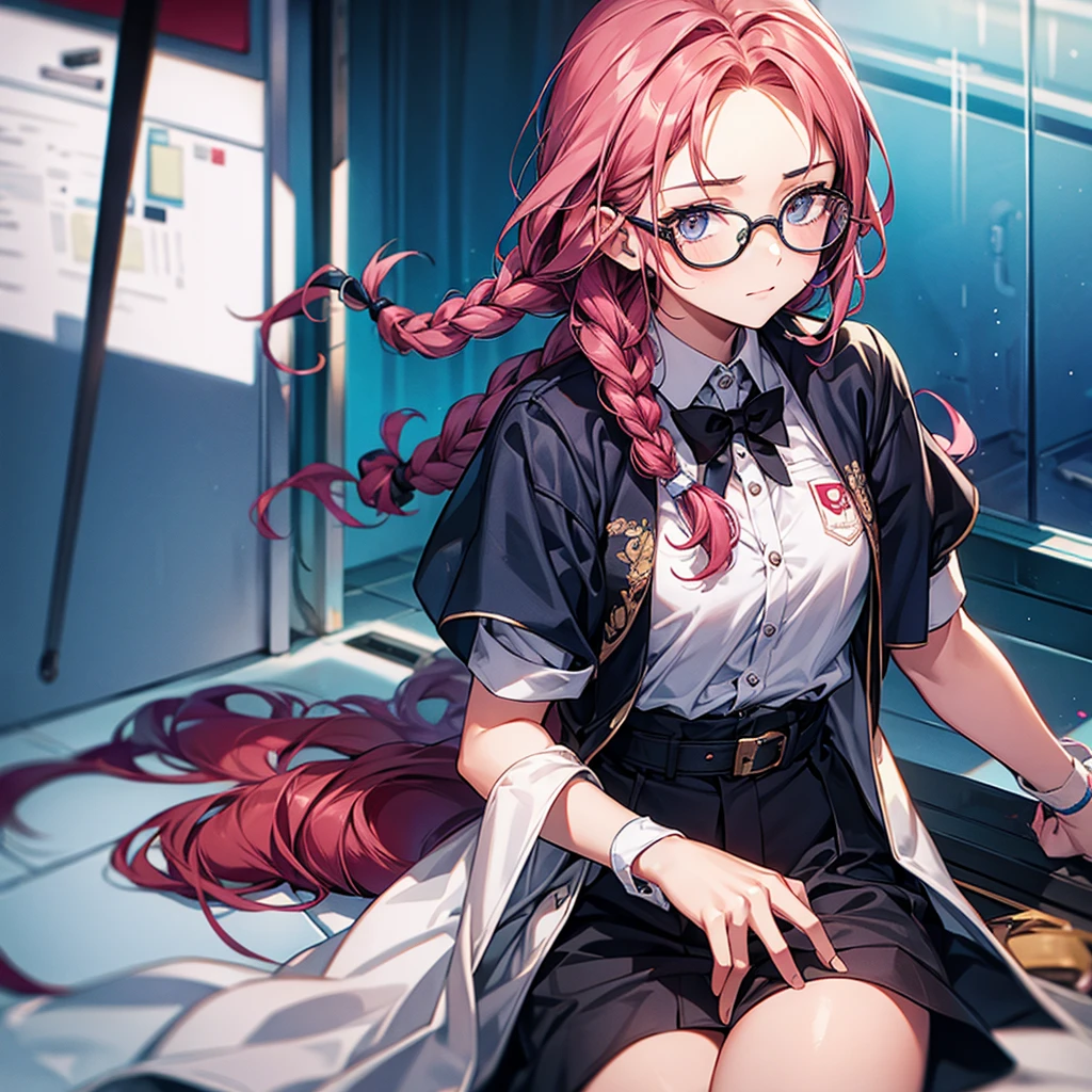 ((masterpiece,highres,4k, best quality, detailed eyes)),(solo:1.4),  complex_details,very detailed CG,very long hair, hair ribbon,grey eyes,(semi-rimless eyewear:1.2), nurse,nurse cap,wariza,(hand between legs:1.5) ,pigeon-toed,knees together,hidden hands,side face