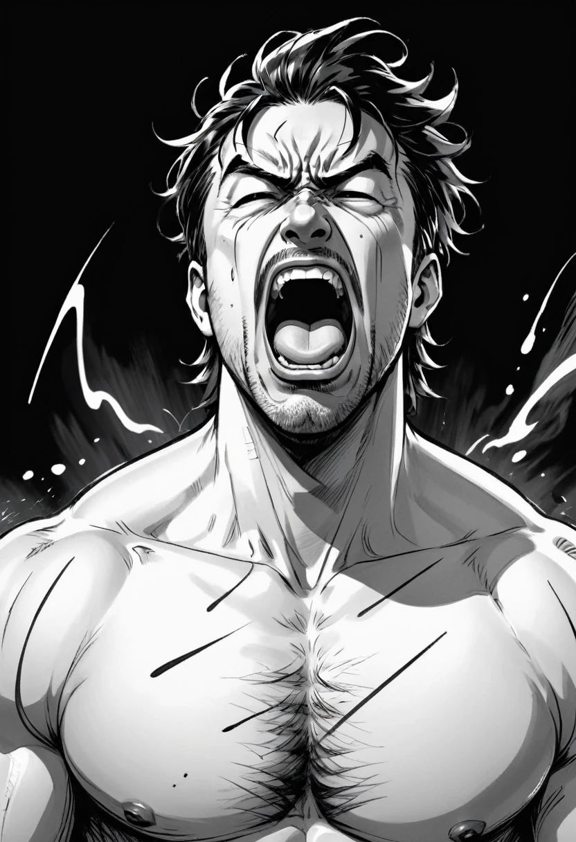 high resolution, manga, clear line, monochrome, handwritten style, from front, hunk, looking down and mouth very wide open with agony face, middle aged man, yell out, shirtless, stick out tongue,