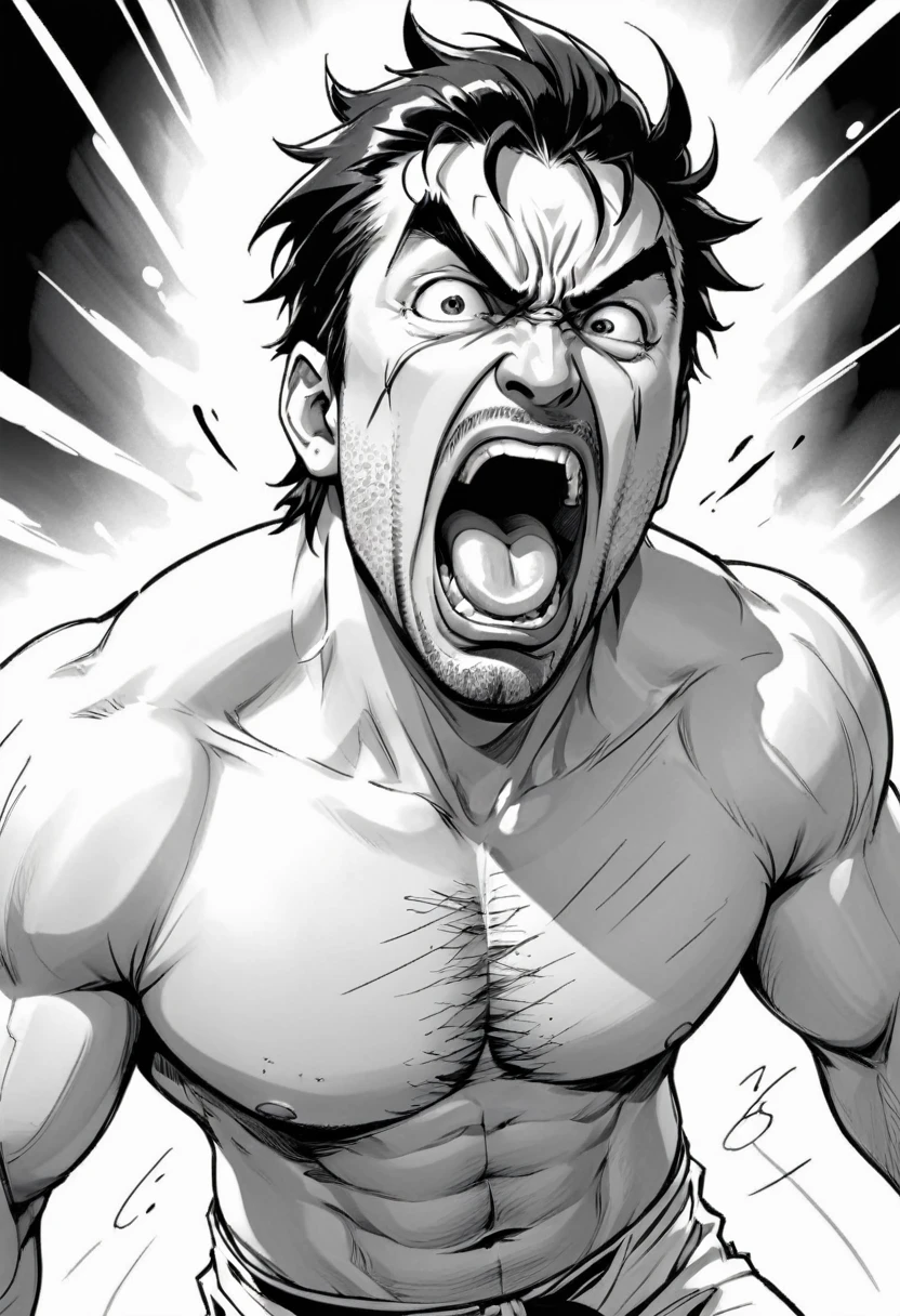 high resolution, manga, clear line, monochrome, handwritten style, from front, hunk, looking down and mouth very wide open with agony face, middle aged man, yell out, shirtless, stick out tongue,