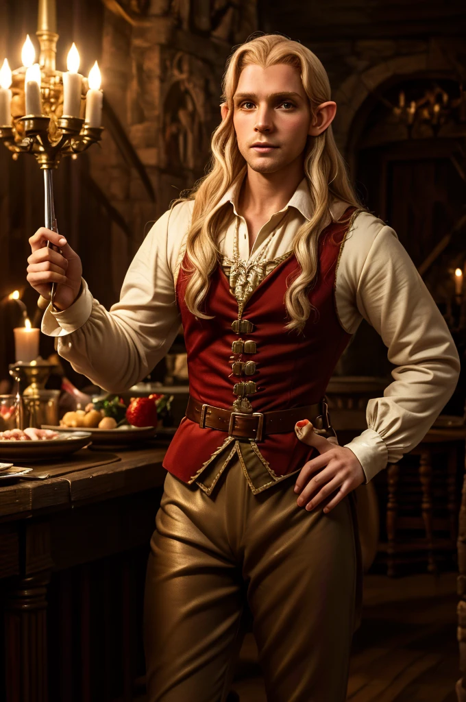 Sharply pointed ears, Elf, strawberry blonde, 30 year old, elitest, snobby, middle ages outfit, 18 century outfit. Standing in a dinner club.