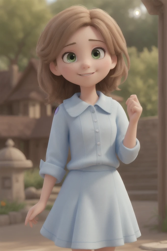 (8k, highest quality, masterpiece: 1.2), ultra detail, highest quality, ultra high resolution, professional lighting, photon mapping, radiosity, physically based rendering, cinematic lighting, depth of field, focusing, sun rays, good composition, (bokeh: 1.2), 1 girl, (full body), smile, beautiful eyes, pose, constriction, brown hair, short hair, prairie blouse light blue, skirt,park,hand {fingers} Kawaii {finger} hand,