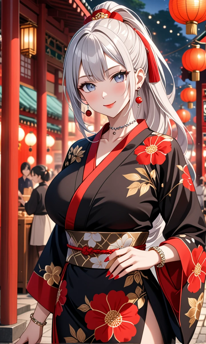 ((one girl)), hyper detailed, absurdres, 8K,Cute face, Beautiful Face, (Laugh shyly), ((laugh:1.4)), ((Wink:1.8)), (Laugh with your mouth wide open),(Tilt your head:1.3), View your viewers, ((Bright red cheeks:1.6)),Glossy Red Lips, ((Big Breasts:1.4)) night, Shrine festival stalls, (Brighten your face), ((Anime style background)),masterpiece, Highest quality, so beautiful,Latest, Complex details, (Pink long nails), (nail art), (ring),(bracelet), (helix piercing:1.7), (Floral Choker),AI-generated, Complex,High resolution, Highest quality, super high quality,3D Images、3D Images,One person,Long white hair,(High Ponytail), Anime woman posing for a photo,((silver eyes:1.6)), ((Fine grain、blue eyes、Shining Eyes:1.3)), (Squint your eyes:1.1),a hyperRealistic , hyperRealistic , Realistic,Anime woman with long white hair, Smooth anime CG art, With gold embroidery、A girl in a gorgeous kimono, ((Black long sleeve kimono:1.3)),(Red large floral pattern) ,Long flower hair ornament,Floral Earrings,Mature Body, expensive,Abdominal muscles,Tight waist,((face focus:1.4)), (front view),