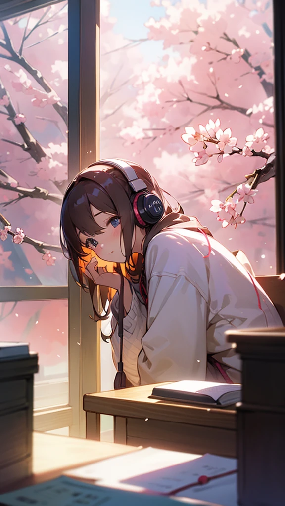 Beautiful girl studying in her room while listening to music with headphones、Warm lighting、Outside the room, cherry blossoms are blooming、Japanese anime style
