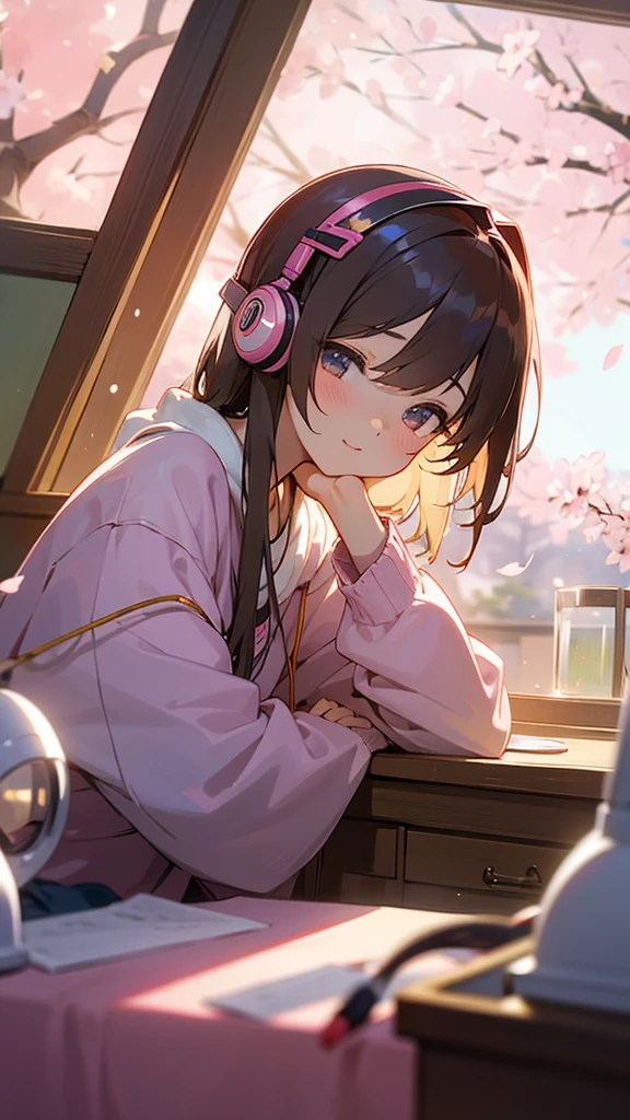 Beautiful girl studying in her room while listening to music with headphones、Warm lighting、Outside the room, cherry blossoms are blooming、Japanese anime style