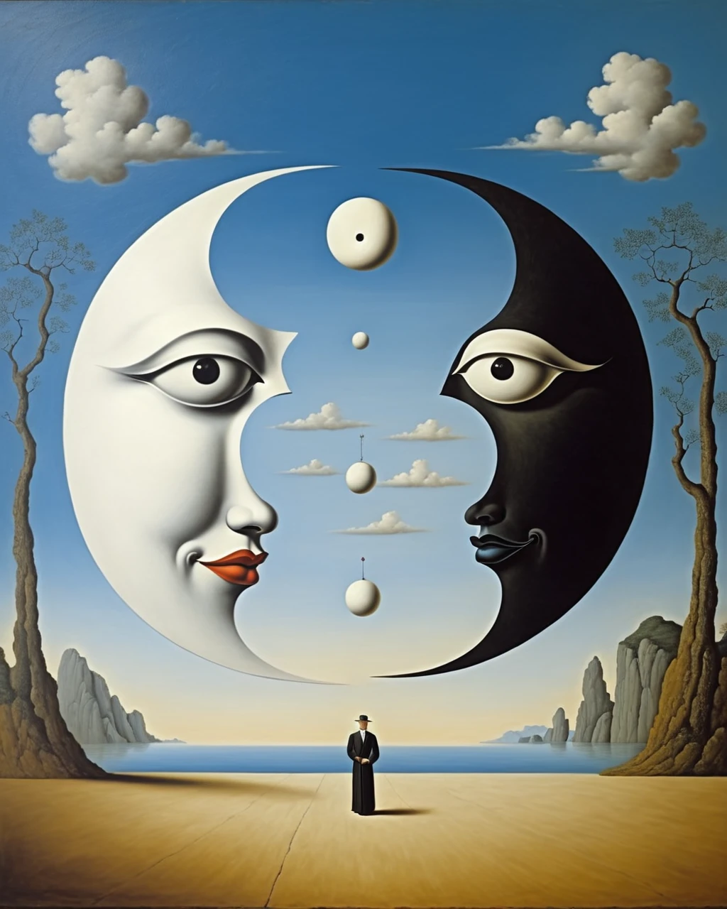 Lao Tzu, ying yang symbol - surreal style, surreal artwork, dream like, salvador dali style, René Magritte style, highy detailed, work of art, similar to a painting, High definition
