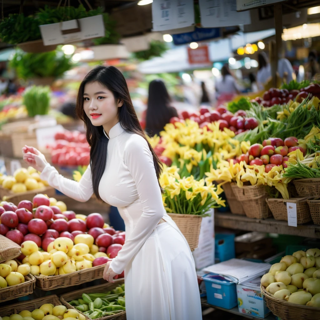 ((Ao Dai, big breasts, beautiful breasts, standing in the middle of the market with many people around, 8k quality photo with good details))